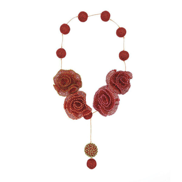 Long lariat, multi red flowers, orange string