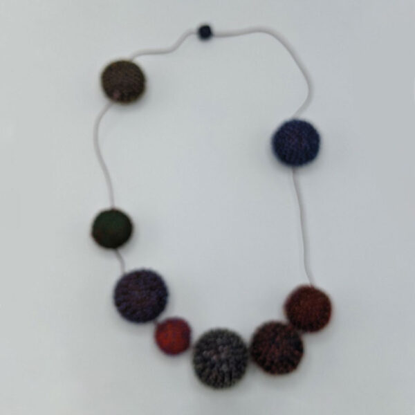 Long necklace, tiny navy ball, purple string