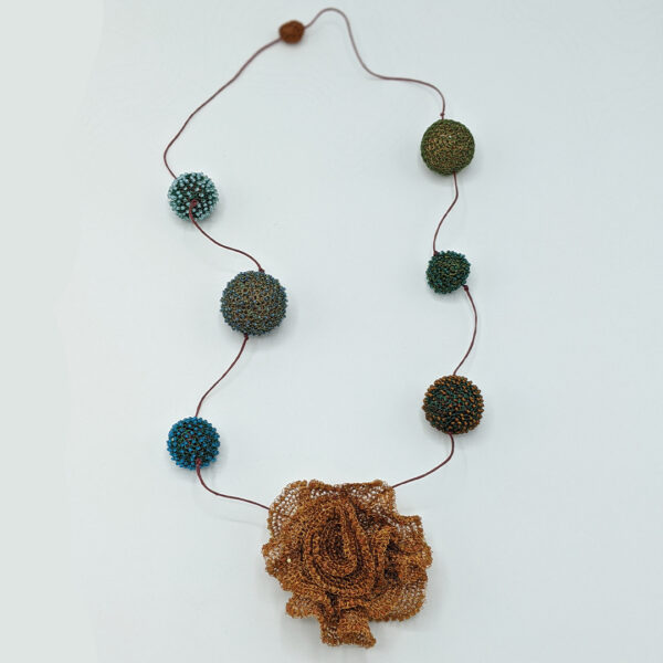 Long necklace yellow beads flower accent, burgundy string | Soonran Youn