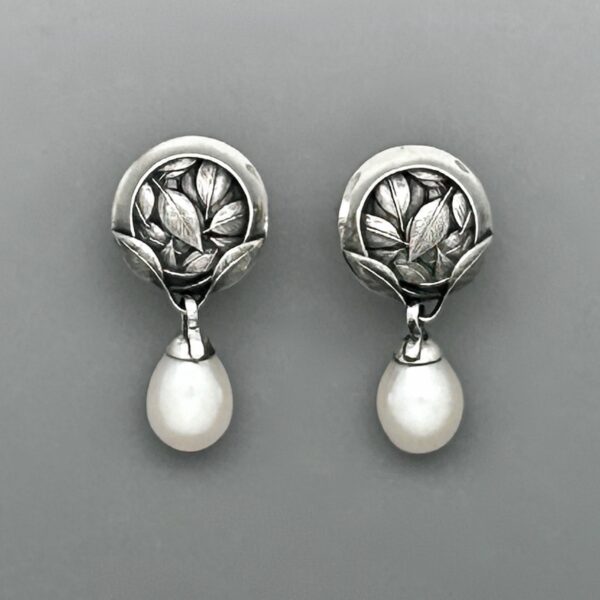 Leaf Swirl Sterling Pearl Drop Earrings